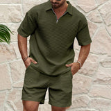 KKBOXLY popular summer New men's casual trend fashionable and comfortable waffle solid color lapel shirt sports suit