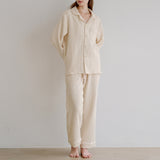 Gentle wind pleated cotton yarn pajamas set spring new simple solid color women's long-sleeved trousers pure cotton loungewear