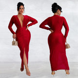 2025 C7118     fashion women's clothing slim-fitting v-neck split-ended solid color dress new