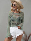 2025 New spring and summer, 's new  knitted sweaters, flared sleeves, loose Popular trade round neck hollow sweater women