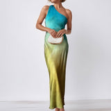 2025 New women's clothing  new  satin feeling slanted shoulder backless sexy tie-dye gradual change dress women