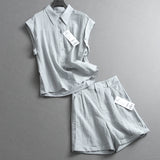 Solid color linen blend thin breathable lapel collar short-sleeved shirt can be matched with a complete set of shorts women's suit X242