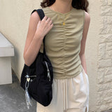 summer new simple sleeveless vest female slim slim and thin versatile pure pleated design sweet and spicy top