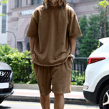 KKBOXLY 2025 popular  knitted rough edge casual men's suit loose short-sleeved men's T spring and summer shorts solid color men's clothing