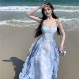 2025 Coffee break  blue suspender dress women's summer new seaside vacation beach dress sunset fairy skirt