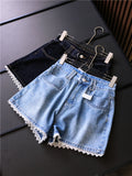 Lace lace washed white high waist thin loose straight pants versatile age-reducing women's pants jeans shorts Z904