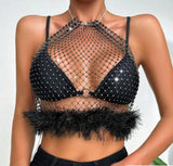 2025  LH4216 2025 New hot-selling rhinestone inlaid small grid fishing net fashion backless neck wrap top vest