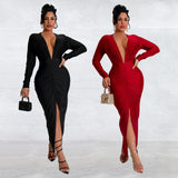 2025 C7118     fashion women's clothing slim-fitting v-neck split-ended solid color dress new