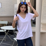 Deep v-neck design T-shirt summer solid color top fashion women's clothing bamboo cotton pullover short sleeve loose casual T-shirt