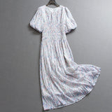 Floral shrunken pleats elastic waist slim slim body round neck lantern sleeves a word long skirt short sleeve women's dress dress Z056