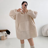 Autumn and winter lamb wool long-sleeved dress thickened teddy fleece zipper pullover long loose and thin sweater women's clothing