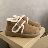 2025  thick-soled snow boots women's winter new retro Birkenstocks plush warm flat cotton shoes fluffy short boots