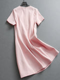 Pink slim temperament waist round neck Kochi  high sense round neck short sleeve medium long dress women's dress L810