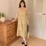 Summer new vacation style double-layer splicing dress woven cotton waist pleated A-shaped skirt sleeveless V-neck suspender skirt