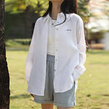 Letter embroidered pure linen shirt women's  spring and summer new sunscreen loose top thin casual long-sleeved cardigan