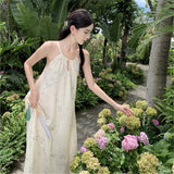 2025 New Chinese style tassel step suspender dress women's summer new pendant temperament bamboo pattern floral long skirt