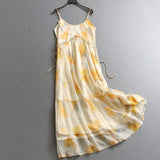Color Printing Shrinking pleats waist slim slim fit round neck streamer elegant temperament suspender skirt women's dress dress X076