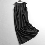 Solid color pleated V-neck loose and thin sleeveless vest skirt  summer new temperament long dress dress X411