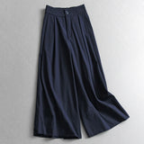 Solid color semi-elastic waist Lyocell blended high-waisted loose wide-leg pants versatile nine-point pants women's casual pants X906