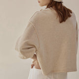 Spring and Autumn New Sweater  Women's Loose Short Lantern Sleeve Splicing Cotton  Casual Pullover