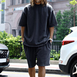 KKBOXLY 2025 popular  knitted rough edge casual men's suit loose short-sleeved men's T spring and summer shorts solid color men's clothing