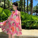 2025 Oil painting floral short neck sling seaside vacation dress women's summer sexy sleeveless off-the-shoulder a-word short skirt