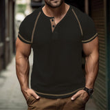 KKBOXLY 2025 Summer New Men's Casual T-Shirt Men's  n Heavy Waffle Crew Neck Button Versatile Solid Color Short Sleeve