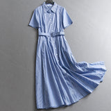 Blue striped lace-up waist slim lapel shirt skirt  summer new short-sleeved long dress dress X795