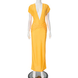 2025 K25DS011  New new women's clothing sexy deep V short-sleeved solid color Spice girl wind pleated long dress