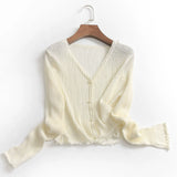 I862 solid color threaded elastic ice-feeling thin short outer air-conditioned shirt summer new long-sleeved women's knitted sweater