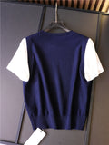 Contrasting color splicing fake two-piece bow embroidery round neck  summer new age-reducing short-sleeved women's knitted sweater Z483