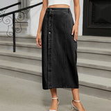 kkboxly  Single Breasted Button Split Denim Midi Skirt, Slant Pockets Non-Stretch Denim Skirt, Women's Denim Clothing