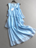 Solid color stacked three-dimensional flower beaded round neck sleeveless vest skirt Korean gentle wind women's long dress dress X975