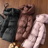 2025 Fluffy and high warm! Hooded windproof drawstring waist down jacket medium and long high-end women's clothing 90 white duck down winter