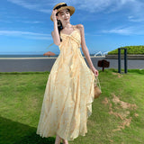2025 Beach Dress Long Dress Elegant Holiday Gentle Yellow Smudge Floral Shoulder Strap Neck Lotus Leaf Edge Printed Dress
