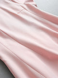 Pink slim temperament waist round neck Kochi  high sense round neck short sleeve medium long dress women's dress L810