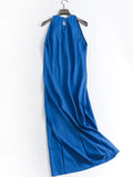 X842 solid color slim slim round neck white flowing long dress autumn new 2023 commuter women's skirt dress