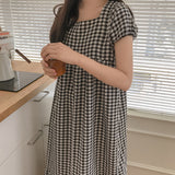 summer little fresh princess style plaid dress retro wrinkle bubble sleeves can be worn outside long nightgown women