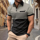 KKBOXLY 2025 Hot trade new men's casual POLO shirt chest pocket V-neck button striped color matching T-shirt