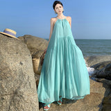 2025 Seaside vacation dress  small fresh simple sweet neck photo pleated pendulum beach suspender dress