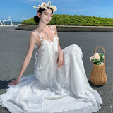 2025 beautiful white lace suspender dress women's summer skirt temperament high-end sexy seaside vacation dress