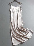 Simple solid color glossy satin slim V-neck sleeveless suspender skirt temperament commuter dress dress Z713