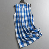 Blue plaid loose and thin pure cotton round neck Japanese literary sleeveless pinch pleated vest skirt women's dress dress X545