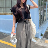 Summer cotton casual T-shirt women's new splicing V-neck shoulder sleeves loose casual versatile short blouse top