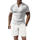 KKBOXLY 2025 n Henry Shirt Men's Summer Men's High-end Solid Color T-Shirt Shorts Two-piece Men's Sports Suit