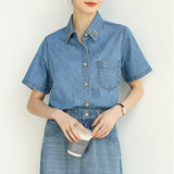 Customized fashion pure cotton denim shirt 2025 summer comfortable and versatile retro loose short-sleeved shirt