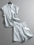 Solid color linen blend thin breathable lapel collar short-sleeved shirt can be matched with a complete set of shorts women's suit X242