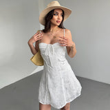 2025 Hot trade leisure pure desire design sense low chest waist whitening slim temperament printed drawstring lace suspender dress