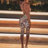 summer  New new special printing sexy slim backless shoulder neck women's onesie