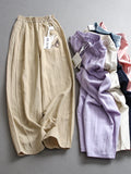 Solid color thin linen blend breathable elastic waist loose wide-leg pants high waist bloomers women's pants casual pants X235